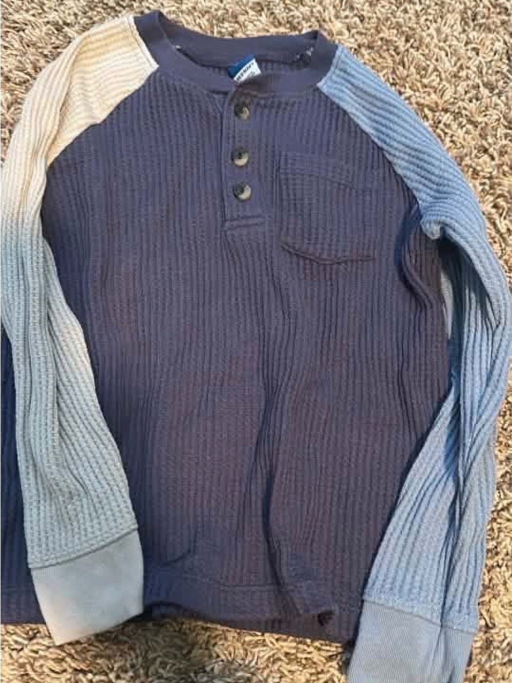 Old Navy Navy Henley Tee with Light Blue and Cream Raglan Sleeves